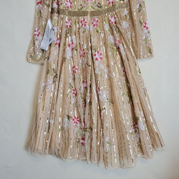 14 MAC DUGGAL FLORAL NEUTRAL TAN BEADED TEA LENGTH Stunning DRESS 5415 NWT - Picture 13 of 13